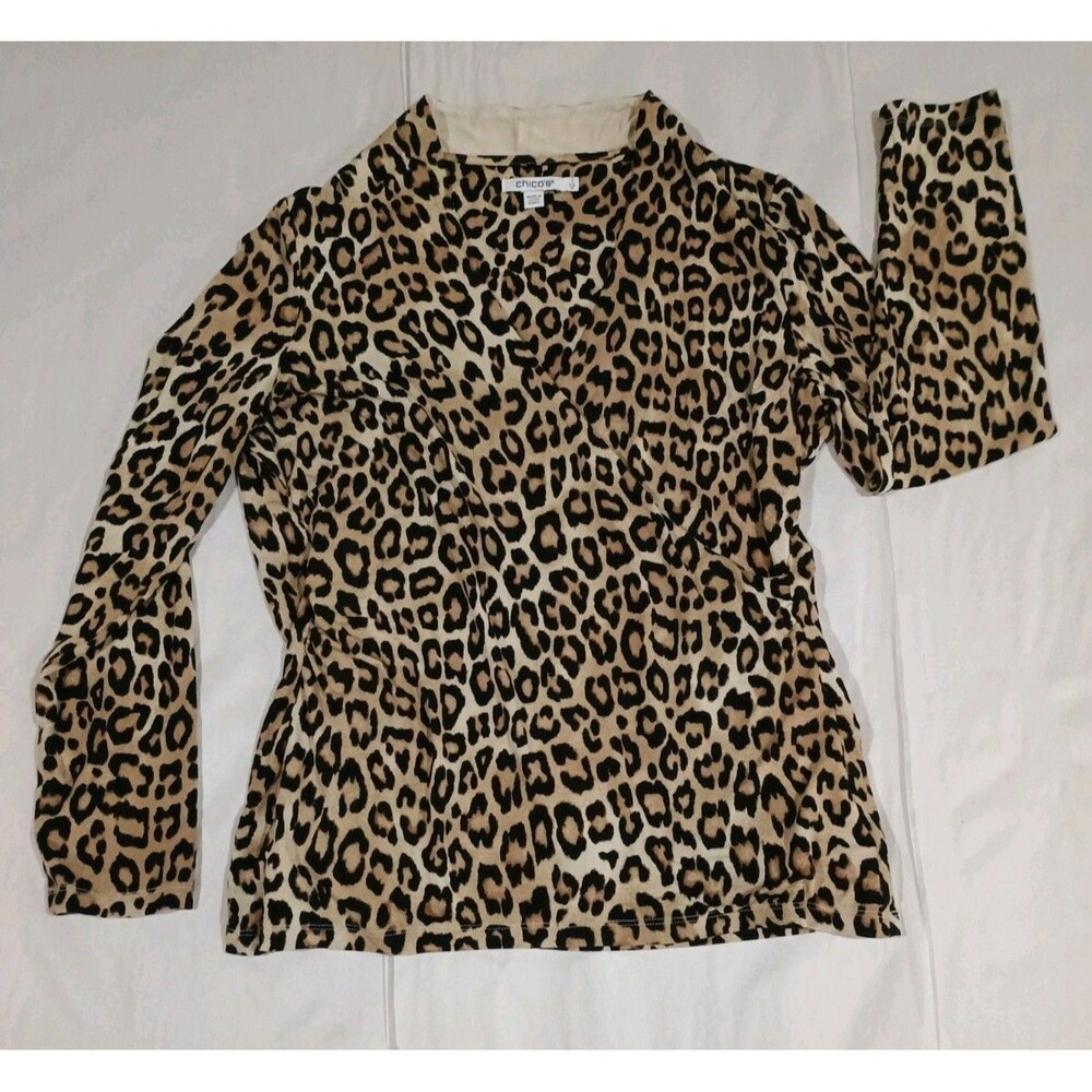 Chico's Long Sleeve Leopard Cheetah Print Faux Wrap Top Blouse Women's Size 1 M